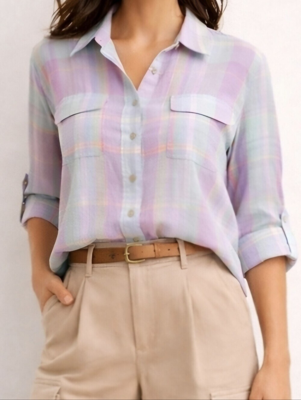 Alia Sport Pastel Plaid Crinkle Tunic Blouse Roll Tab Sleeve Button Shirt